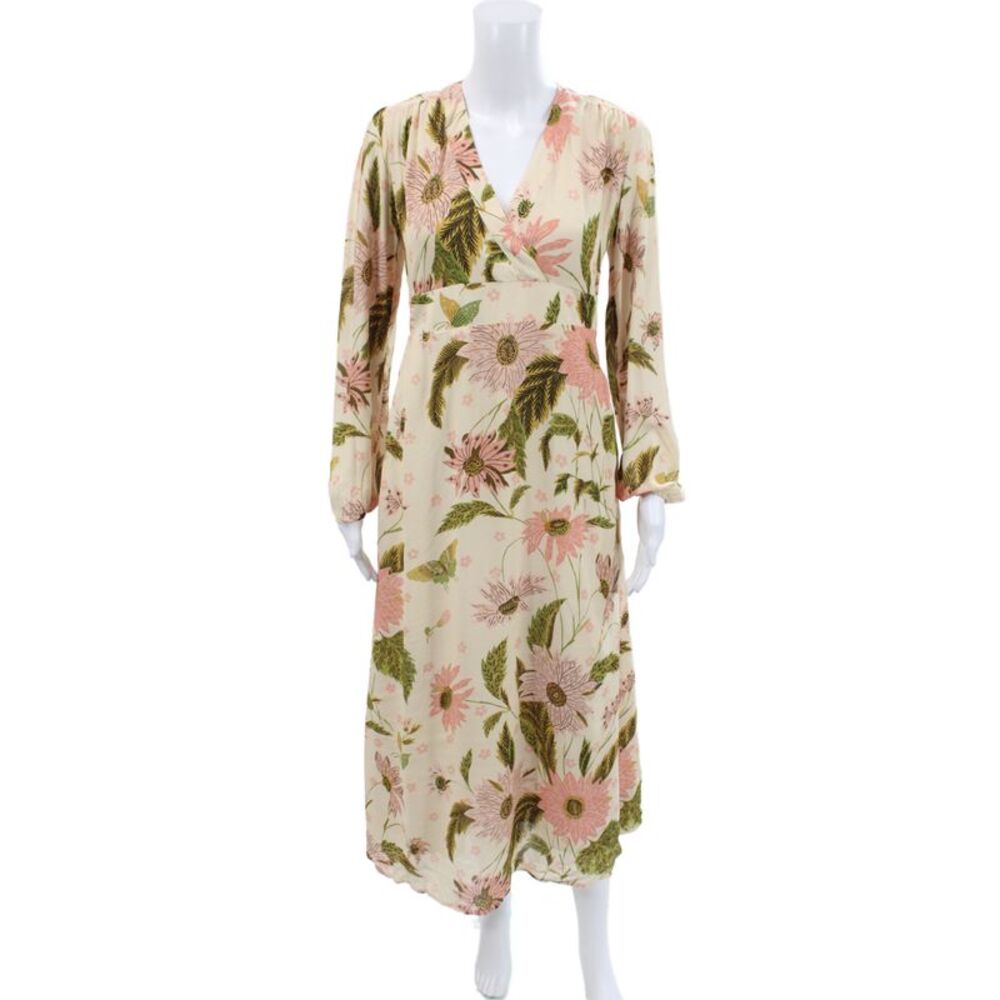Spartina 449 Women Maxi Floral V-Neck Long Sleeve Beige Dress Size XS